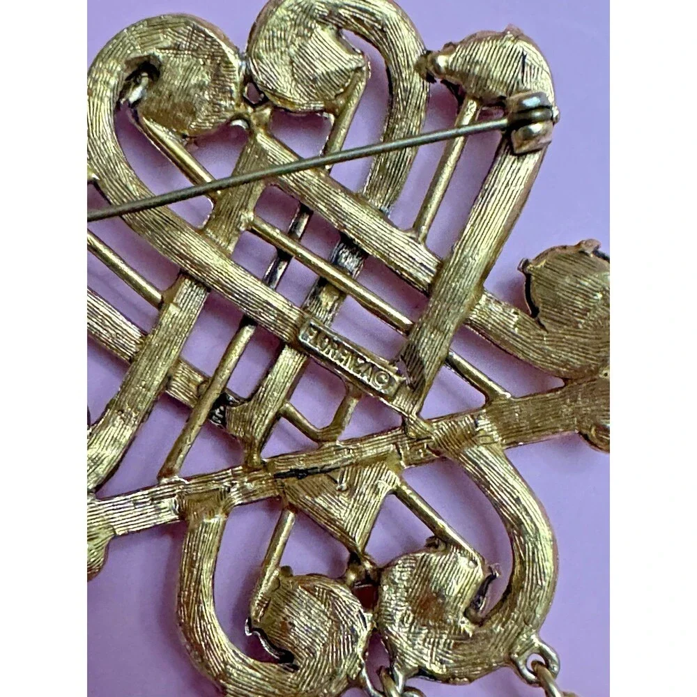 Florenza Vintage Gold Tone Dangle Brooch 3” Celtic Knot Heart Filigree Pin